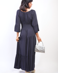 Ruffle Hem Sleeve Shirred Waist Tiered Maxi Dress