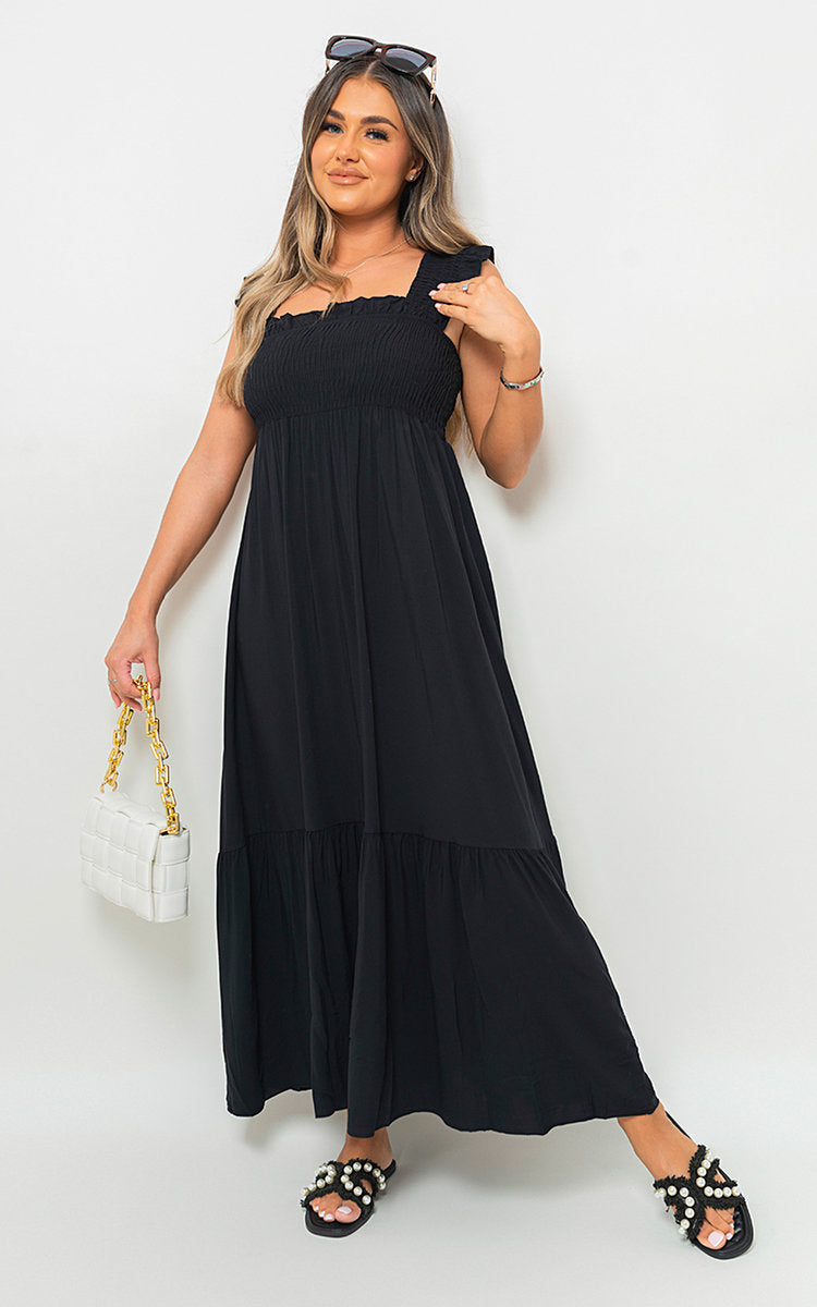 Wide Ruffle Strap Smocked Midi Dress
