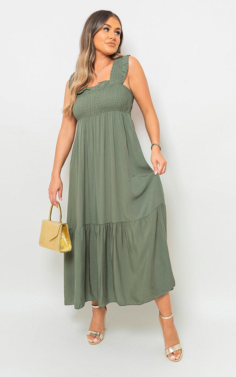 Wide Ruffle Strap Smocked Midi Dress - Toi ‘n’ Moi Ltd