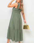 Wide Ruffle Strap Smocked Midi Dress