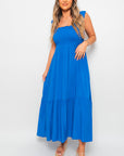 Wide Ruffle Strap Smocked Midi Dress