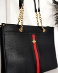 Faux Leather Chain Shoulder Bag with Stripe Detail