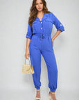 Collar Button-Front Jogger Drawstring Jumpsuit