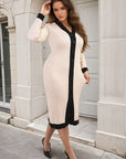 Knitted Contrast Trim Long Sleeve Midi Dress