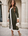 Knitted Contrast Trim Long Sleeve Midi Dress