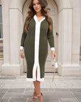 Knitted Contrast Trim Long Sleeve Midi Dress