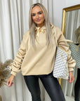 Oversized Ruched Sleeves Knitted Hoodie with Ribbon Detail