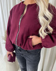 Cropped Zip Up Balloon Sleeve Bomber Jacket