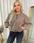 Cropped Zip Up Balloon Sleeve Bomber Jacket