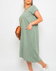 Front Pockets Short Sleeve Midi Dress