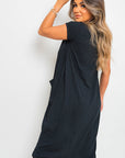 Front Pockets Short Sleeve Midi Dress