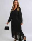 Long Sleeve V-Neck Pleated Maxi Dress
