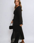 Long Sleeve V-Neck Pleated Maxi Dress