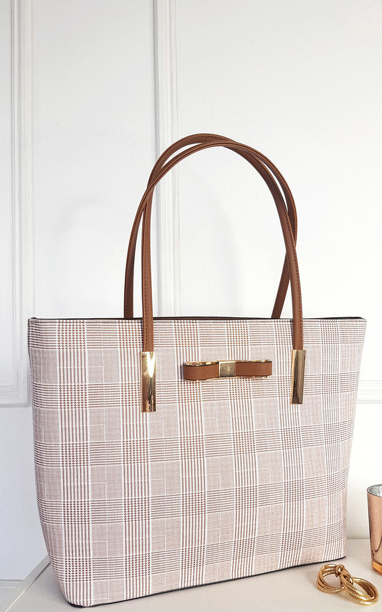 Check Print Fabric Shoulder Bag with Gold Detail - Toi ‘n’ Moi Ltd