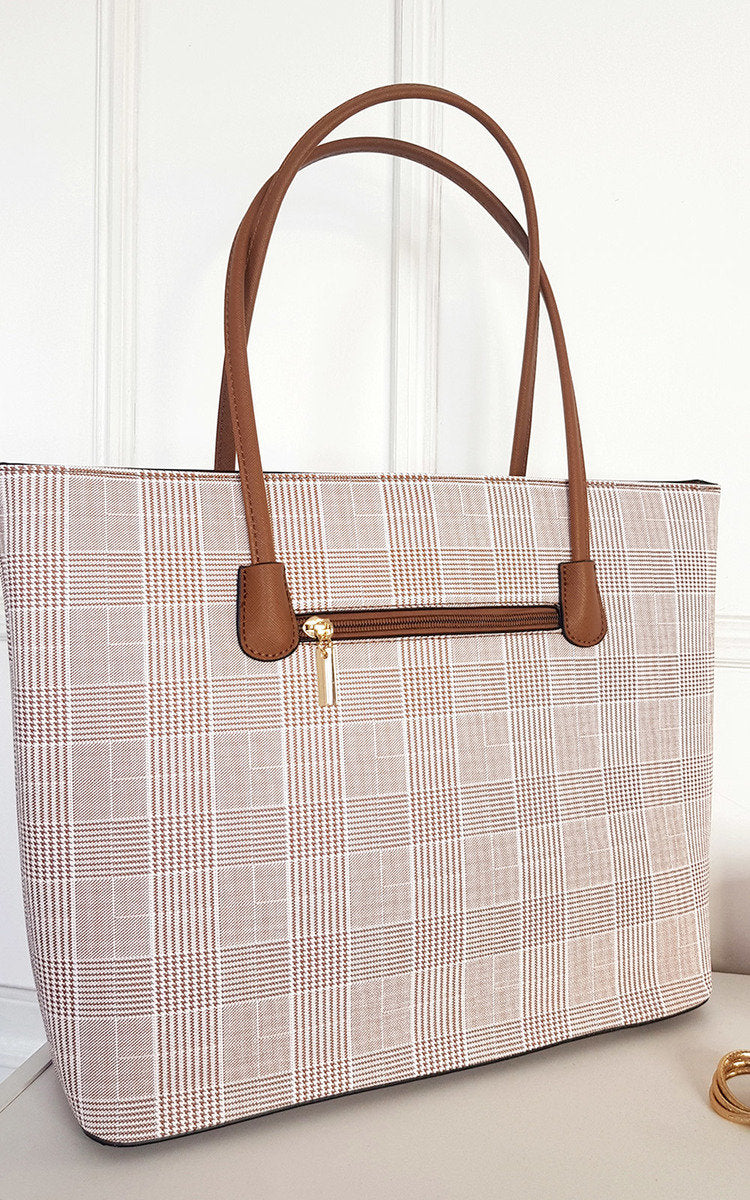 Check Print Fabric Shoulder Bag with Gold Detail - Toi ‘n’ Moi Ltd