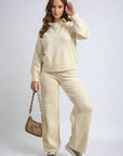 Long Sleeve Knitted Collar Top and Wide Leg Pants Co-ord Set