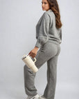 Long Sleeve Knitted Collar Top and Wide Leg Pants Co-ord Set