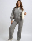 Long Sleeve Knitted Collar Top and Wide Leg Pants Co-ord Set