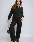 Long Sleeve Knitted Collar Top and Wide Leg Pants Co-ord Set
