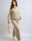 Long Sleeve Knitted Collar Top and Wide Leg Pants Co-ord Set