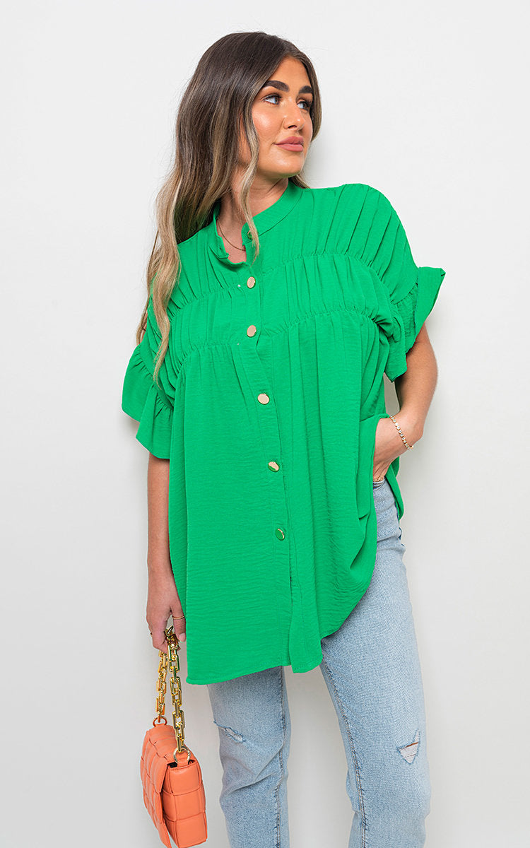 Button Down Pleated Frill Tops - Toi ‘n’ Moi Ltd