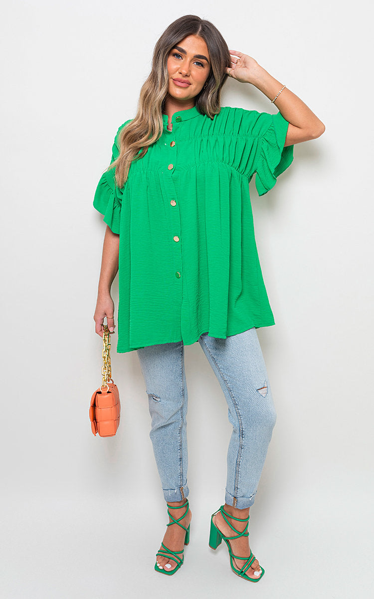 Button Down Pleated Frill Tops - Toi ‘n’ Moi Ltd