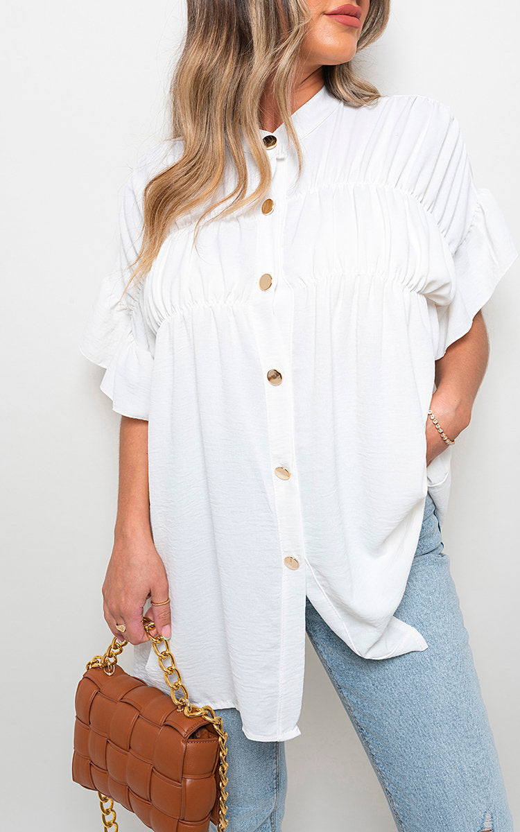Button Down Pleated Frill Tops - Toi ‘n’ Moi Ltd