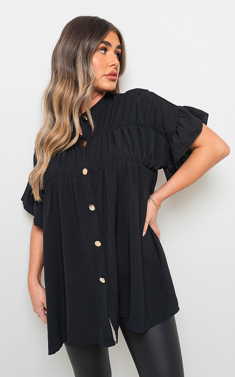 Button Down Pleated Frill Tops - Toi ‘n’ Moi Ltd