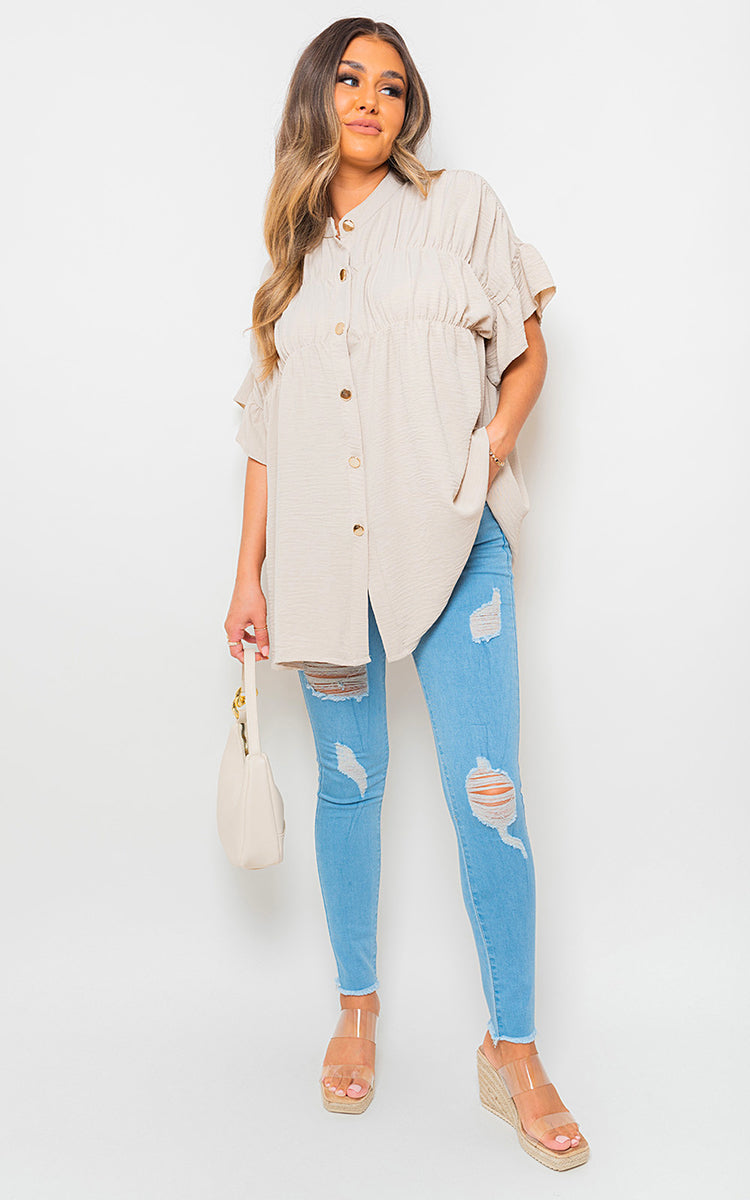 Button Down Pleated Frill Tops - Toi ‘n’ Moi Ltd