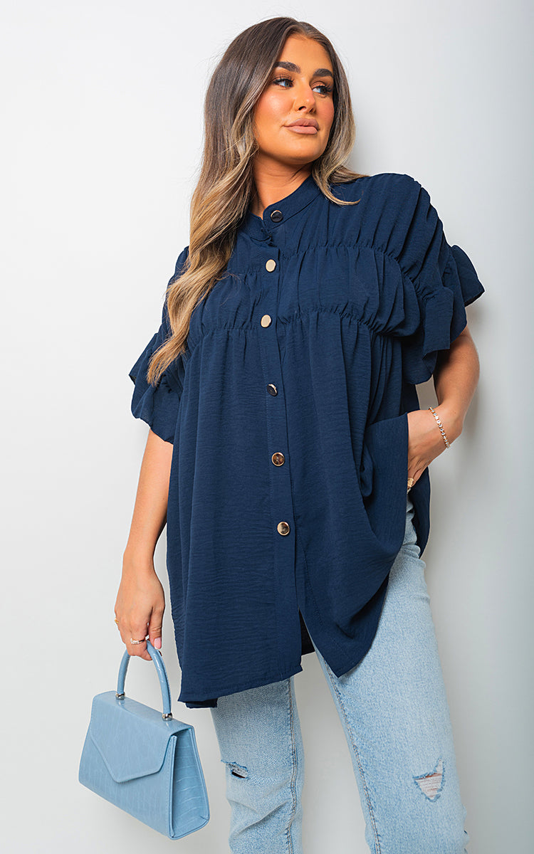 Button Down Pleated Frill Tops - Toi ‘n’ Moi Ltd