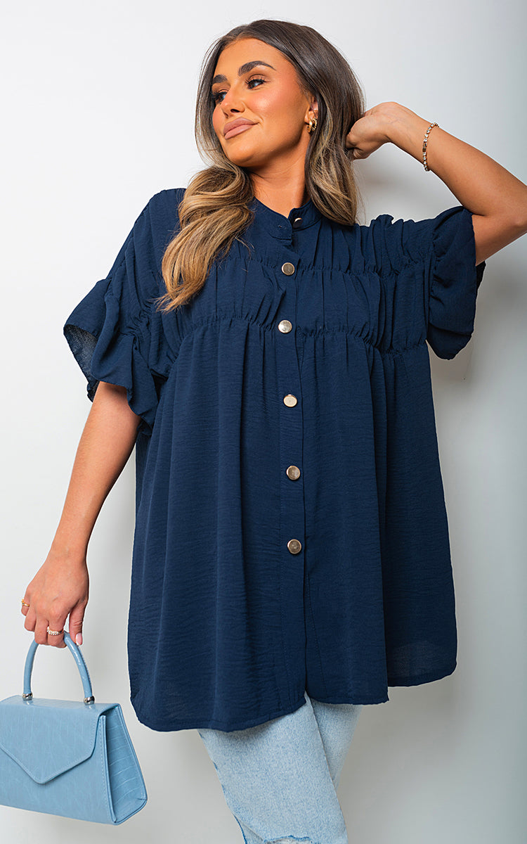 Button Down Pleated Frill Tops - Toi ‘n’ Moi Ltd