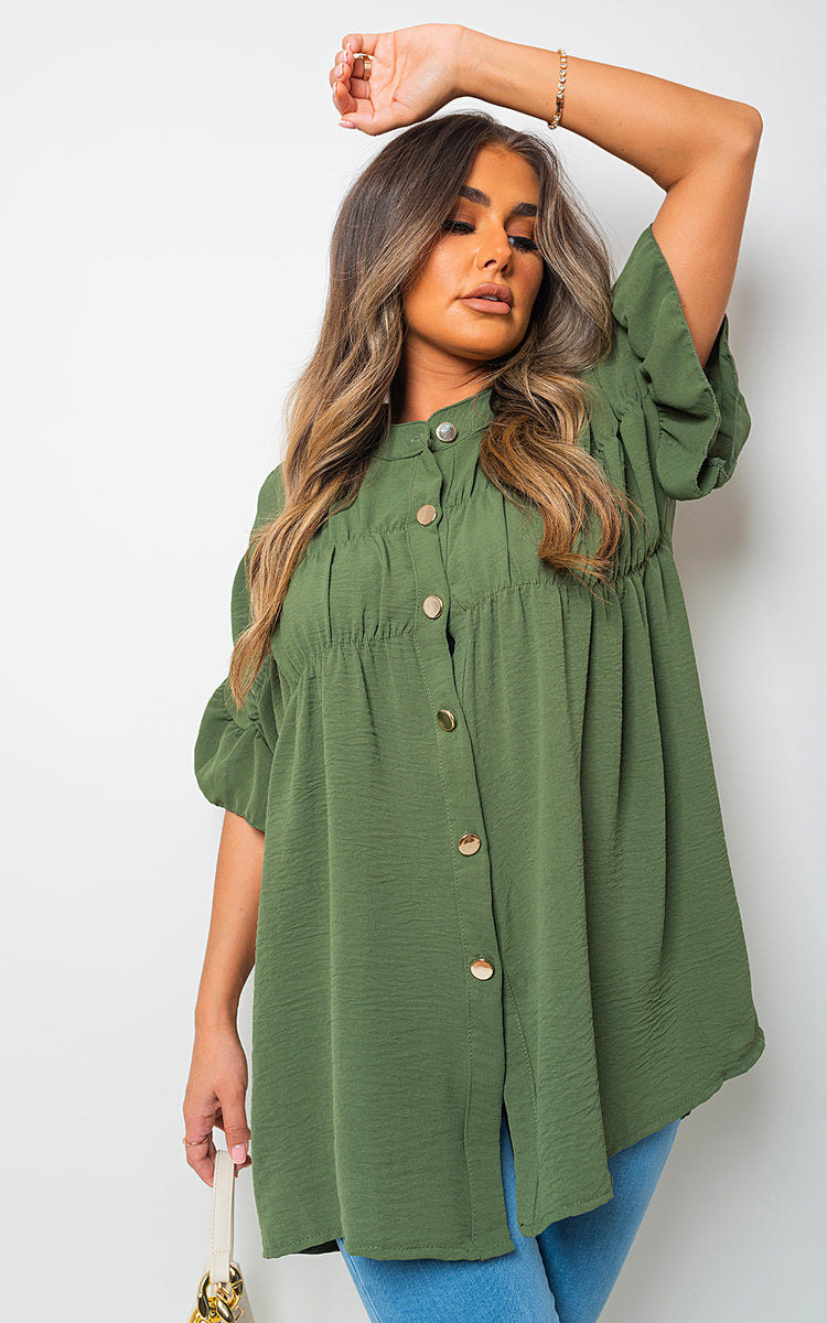 Button Down Pleated Frill Tops - Toi ‘n’ Moi Ltd