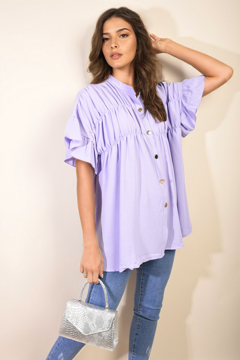 Button Down Pleated Frill Tops - Toi ‘n’ Moi Ltd