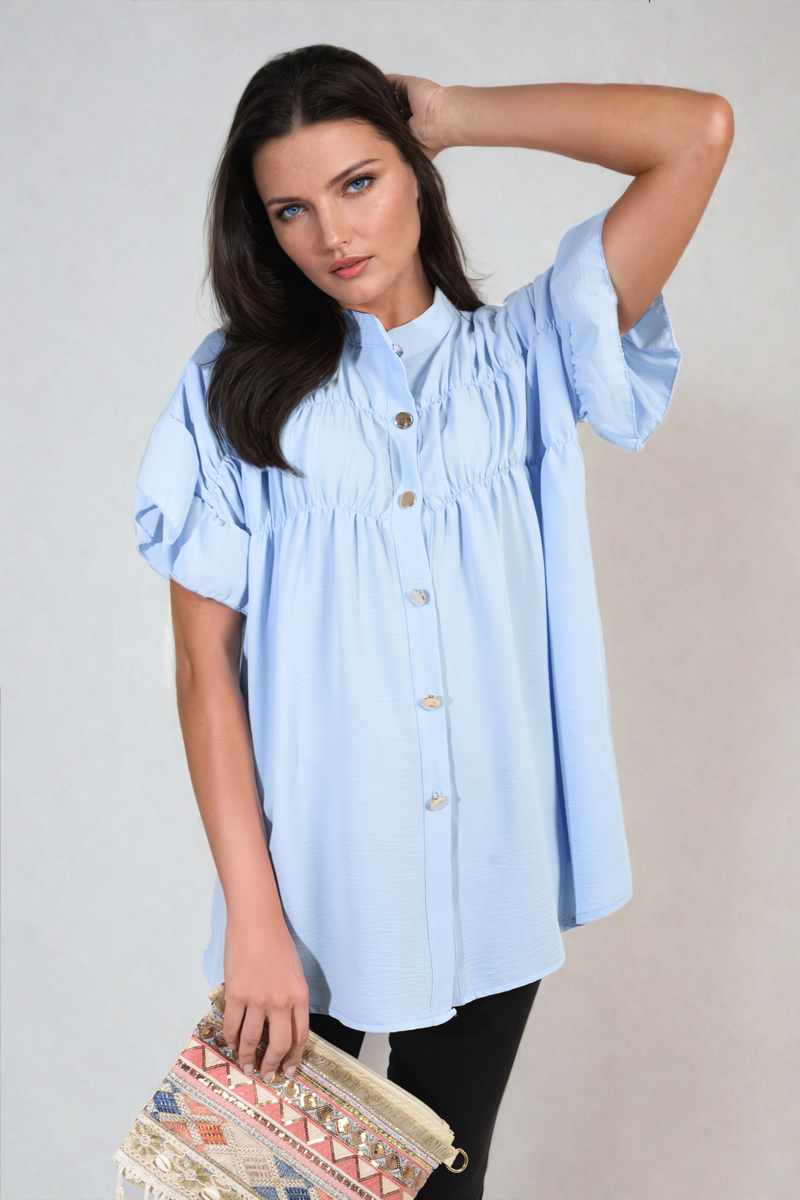 Button Down Pleated Frill Tops - Toi ‘n’ Moi Ltd