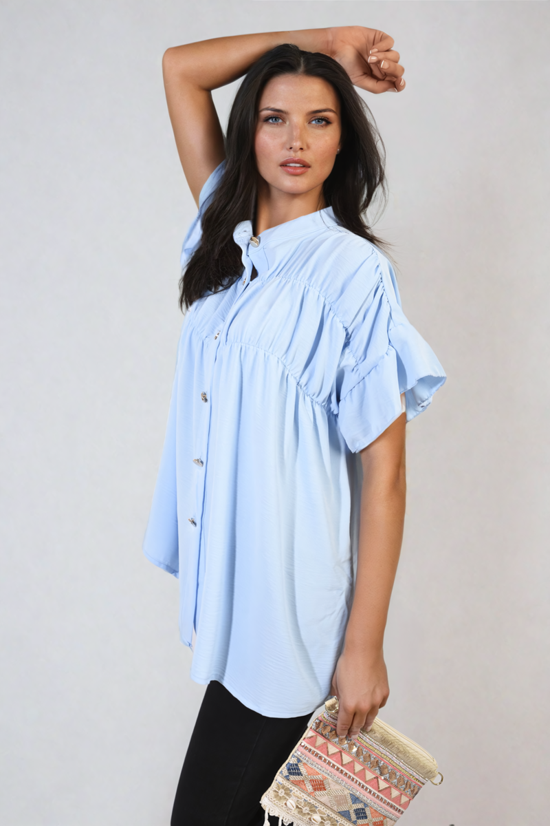 Button Down Pleated Frill Tops - Toi ‘n’ Moi Ltd
