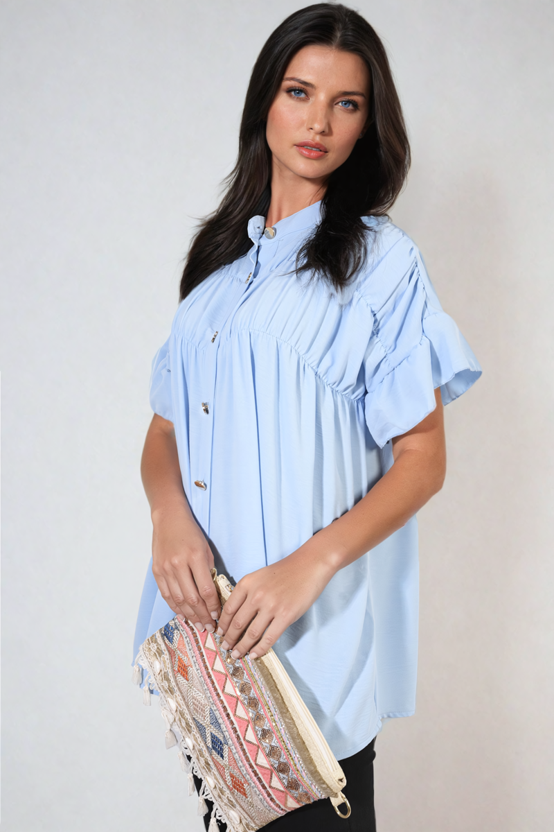 Button Down Pleated Frill Tops - Toi ‘n’ Moi Ltd