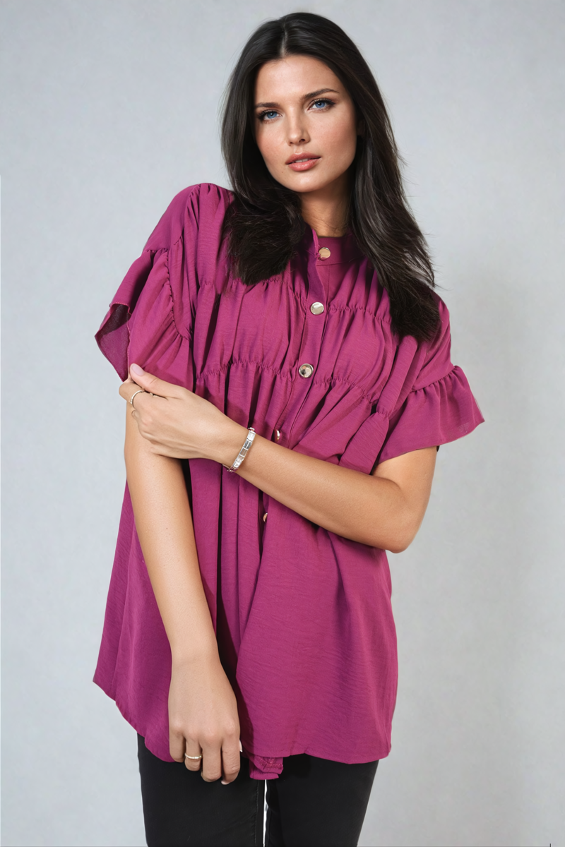 Button Down Pleated Frill Tops - Toi ‘n’ Moi Ltd