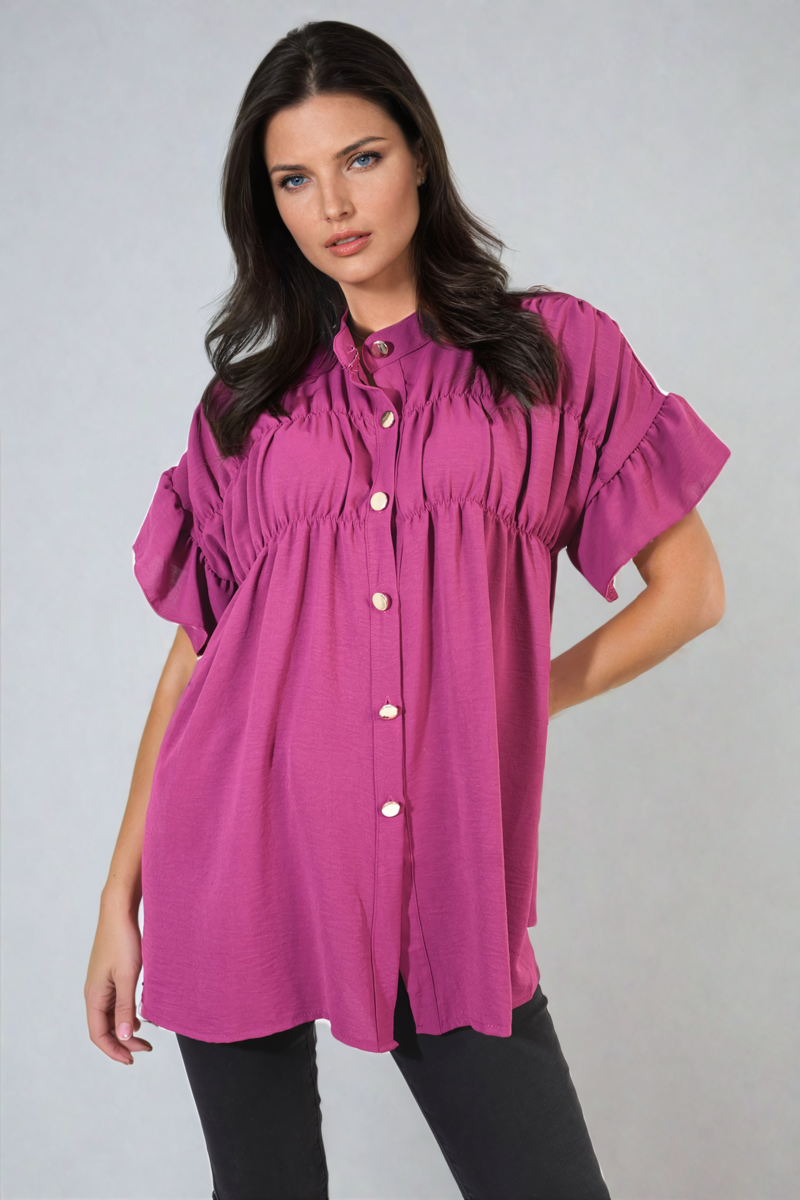 Button Down Pleated Frill Tops - Toi ‘n’ Moi Ltd