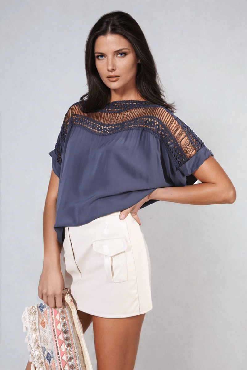 Lace Insert Round Neck Hollow Top - Toi ‘n’ Moi Ltd