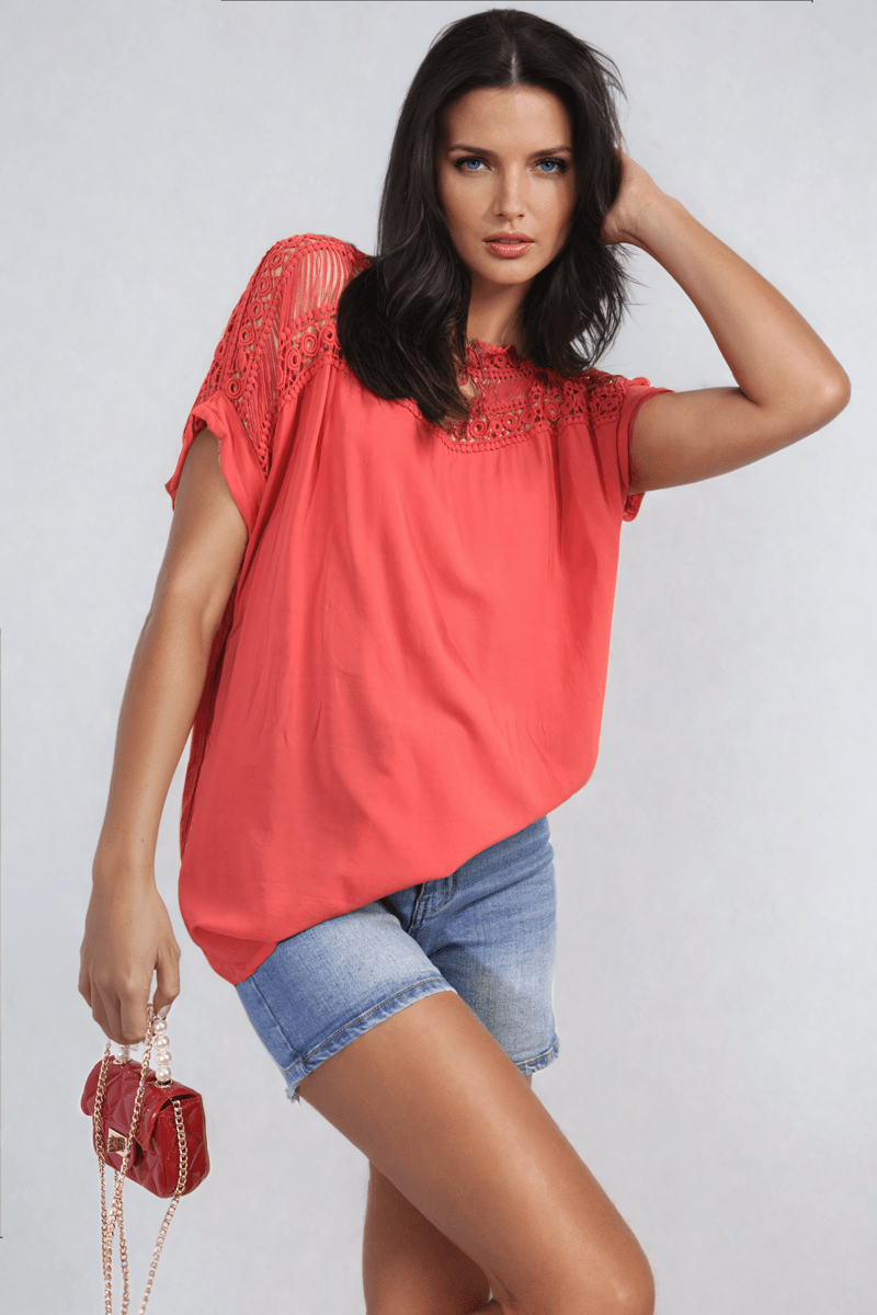 Lace Insert Round Neck Hollow Top - Toi ‘n’ Moi Ltd