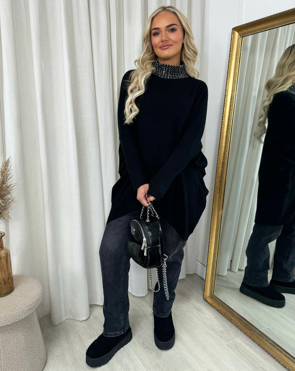 Rhinestone Detail High Neck Knitted Jumper