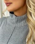 Rhinestone Detail High Neck Knitted Jumper