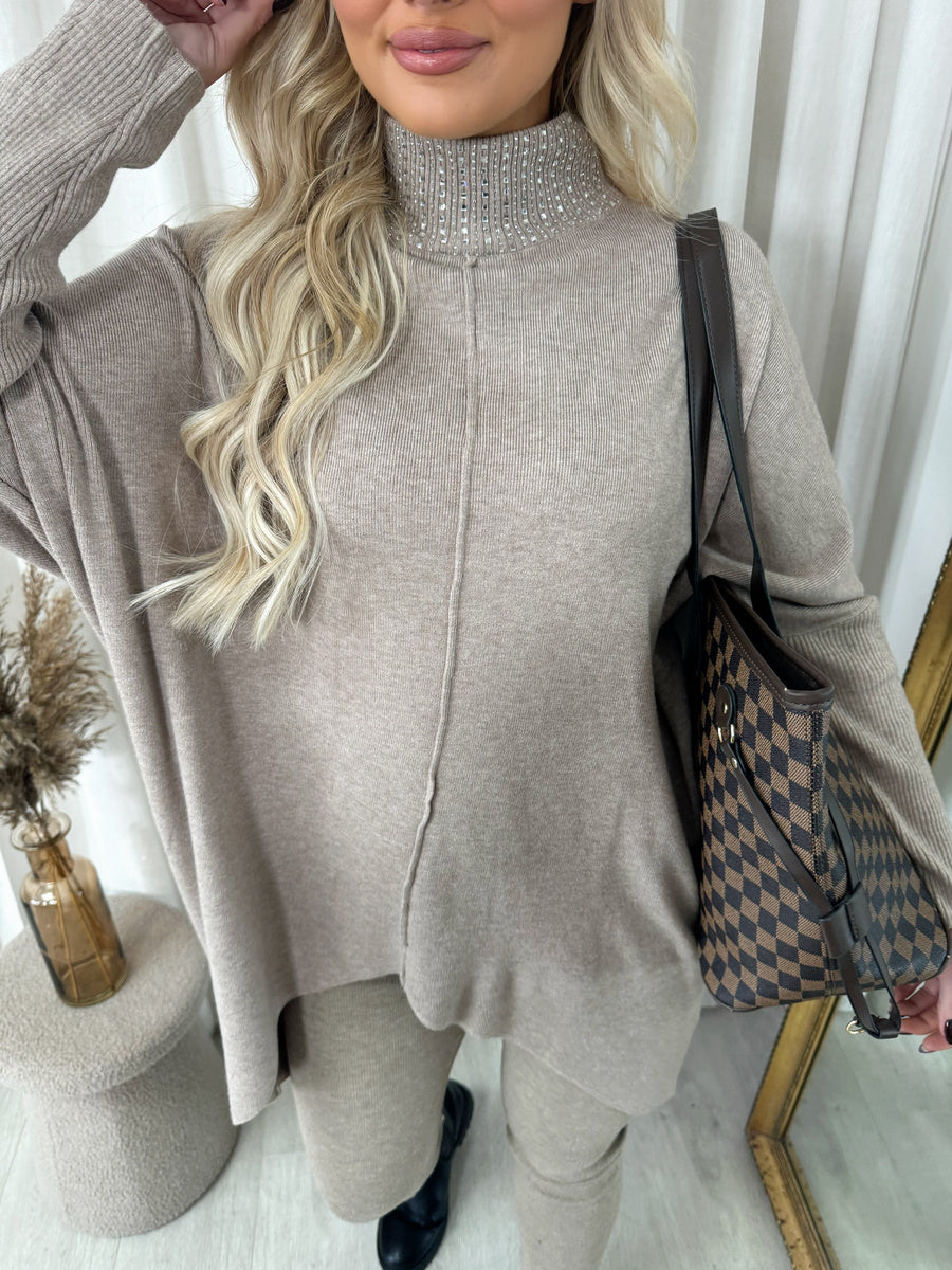 Rhinestone Detail High Neck Knitted Jumper
