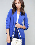 Ruched Sleeve Open Front Blazer Jacket with Front Pockets