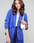 Ruched Sleeve Open Front Blazer Jacket with Front Pockets