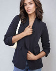 Ruched Sleeve Open Front Blazer Jacket with Front Pockets
