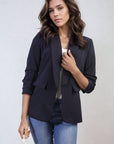 Ruched Sleeve Open Front Blazer Jacket with Front Pockets