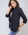 Ruched Sleeve Open Front Blazer Jacket with Front Pockets
