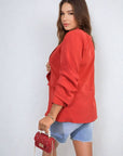 Ruched Sleeve Open Front Blazer Jacket with Front Pockets