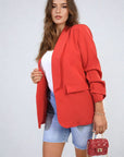 Ruched Sleeve Open Front Blazer Jacket with Front Pockets